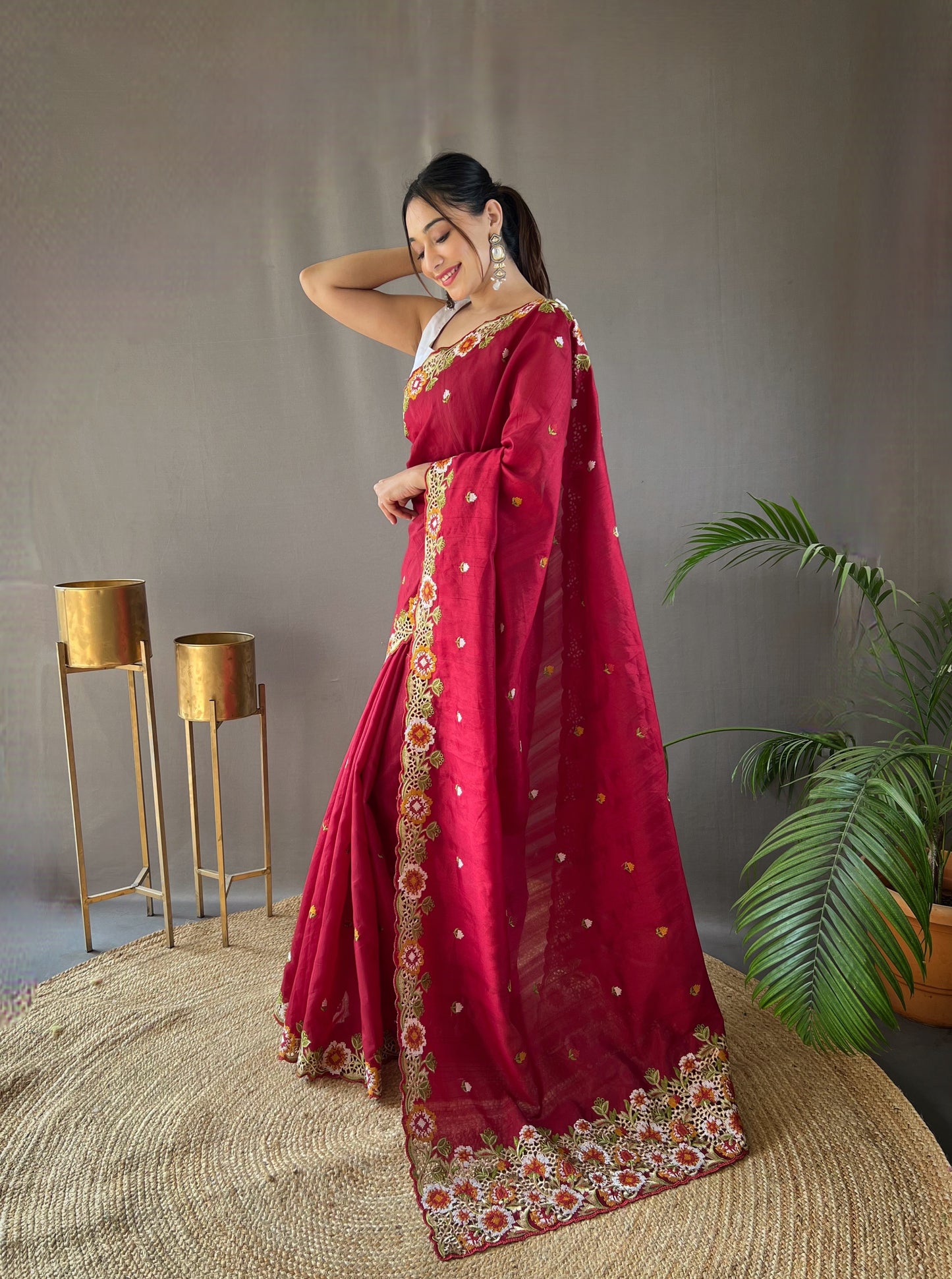 Red Floral Embroidered Tussar Silk Saree Set