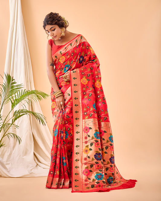 Red Paithani Silk Saree With Weaving Work