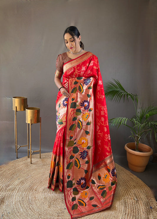 Red Woven Silk Saree Set