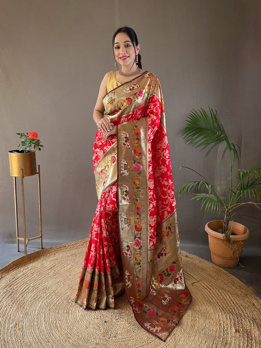 Women Paisley Red Woven Saree with Contrast Border