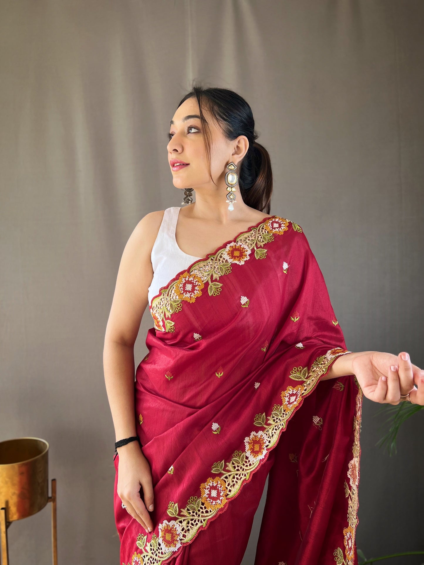 Red Floral Embroidered Tussar Silk Saree Set