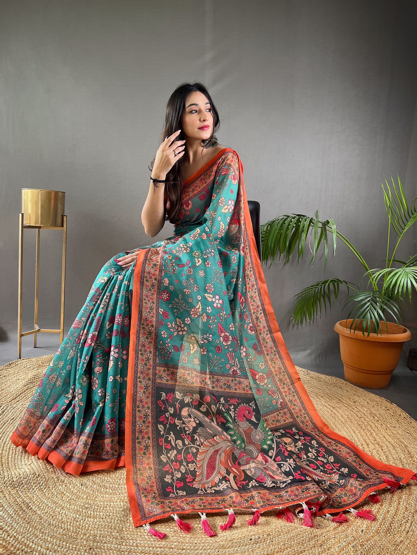 Rama Green Floral Print Saree with Contrast Border