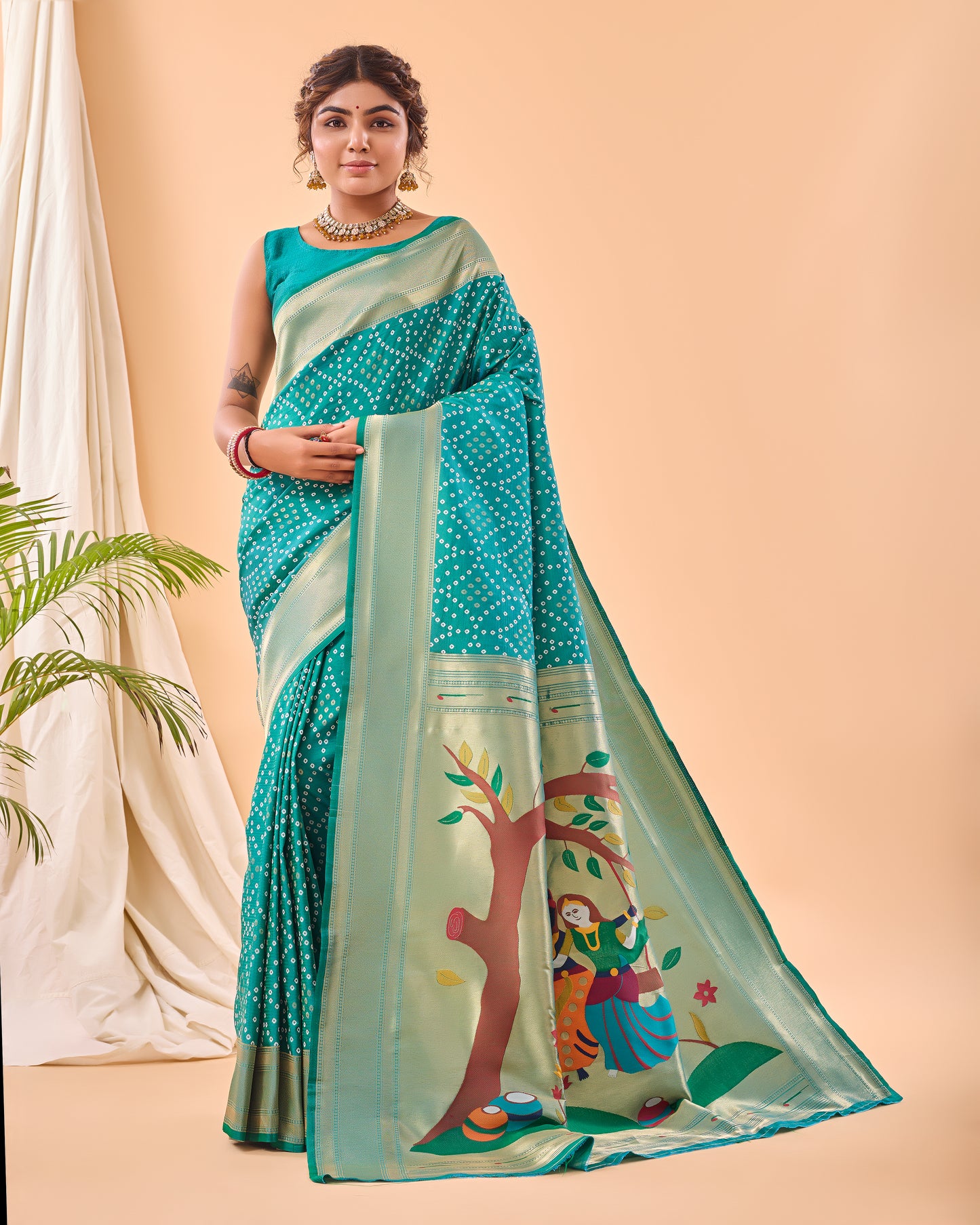 Rama Green Soft Silk Bandhej Weaving Saree