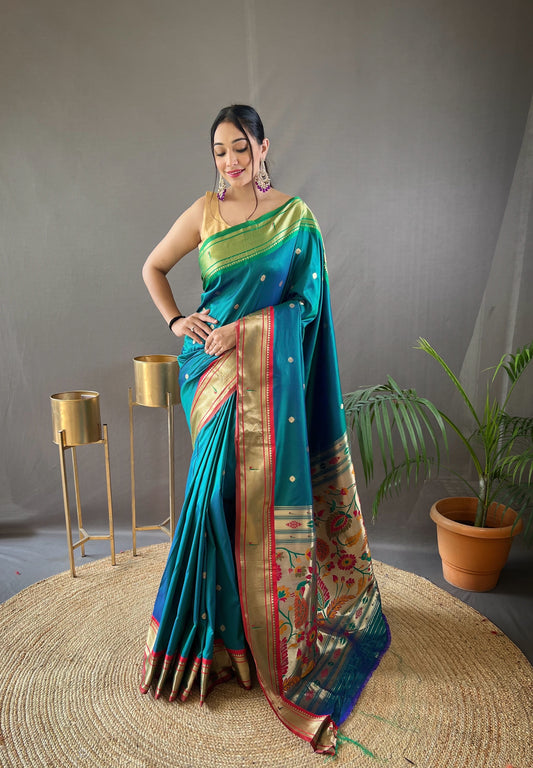 Women Woven Rama Green Saree with Contrast Border