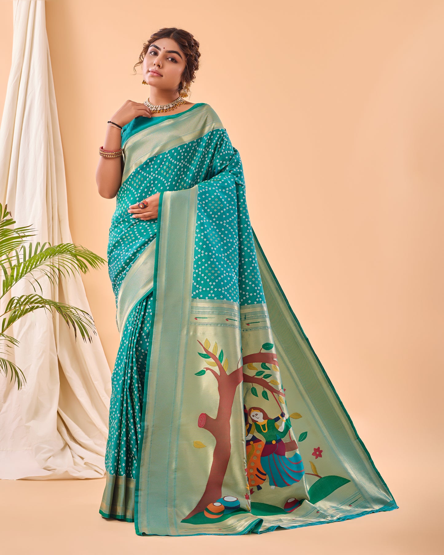 Rama Green Soft Silk Bandhej Weaving Saree