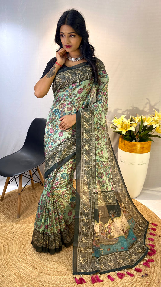 Stylish Soft Cotton Chanderi Sarees with Kalamkari Digital Print and Tassels