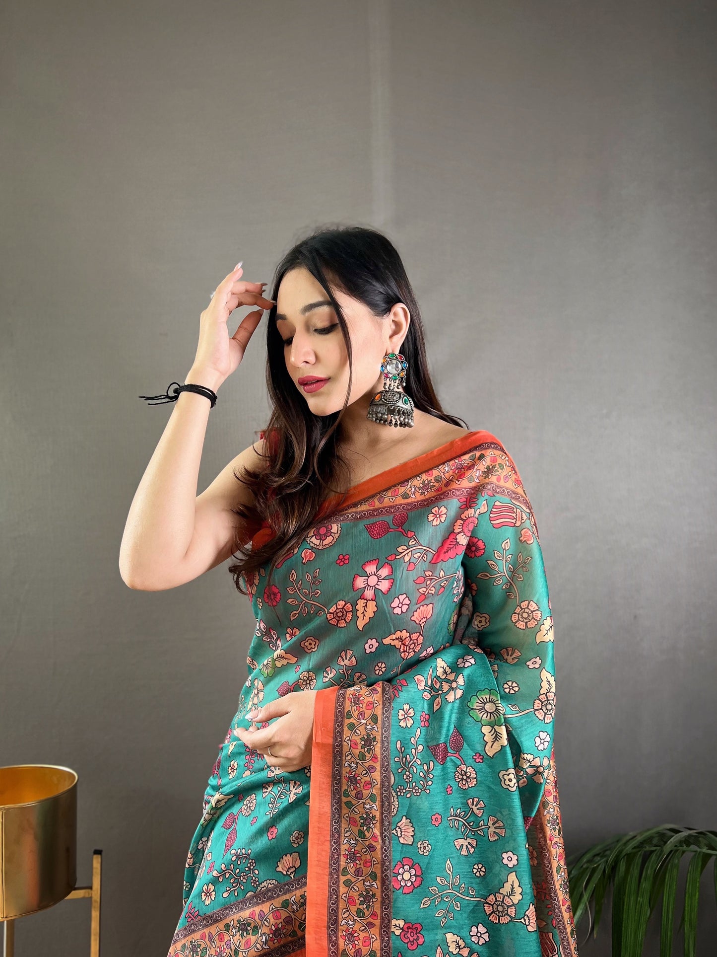 Rama Green Floral Print Saree with Contrast Border