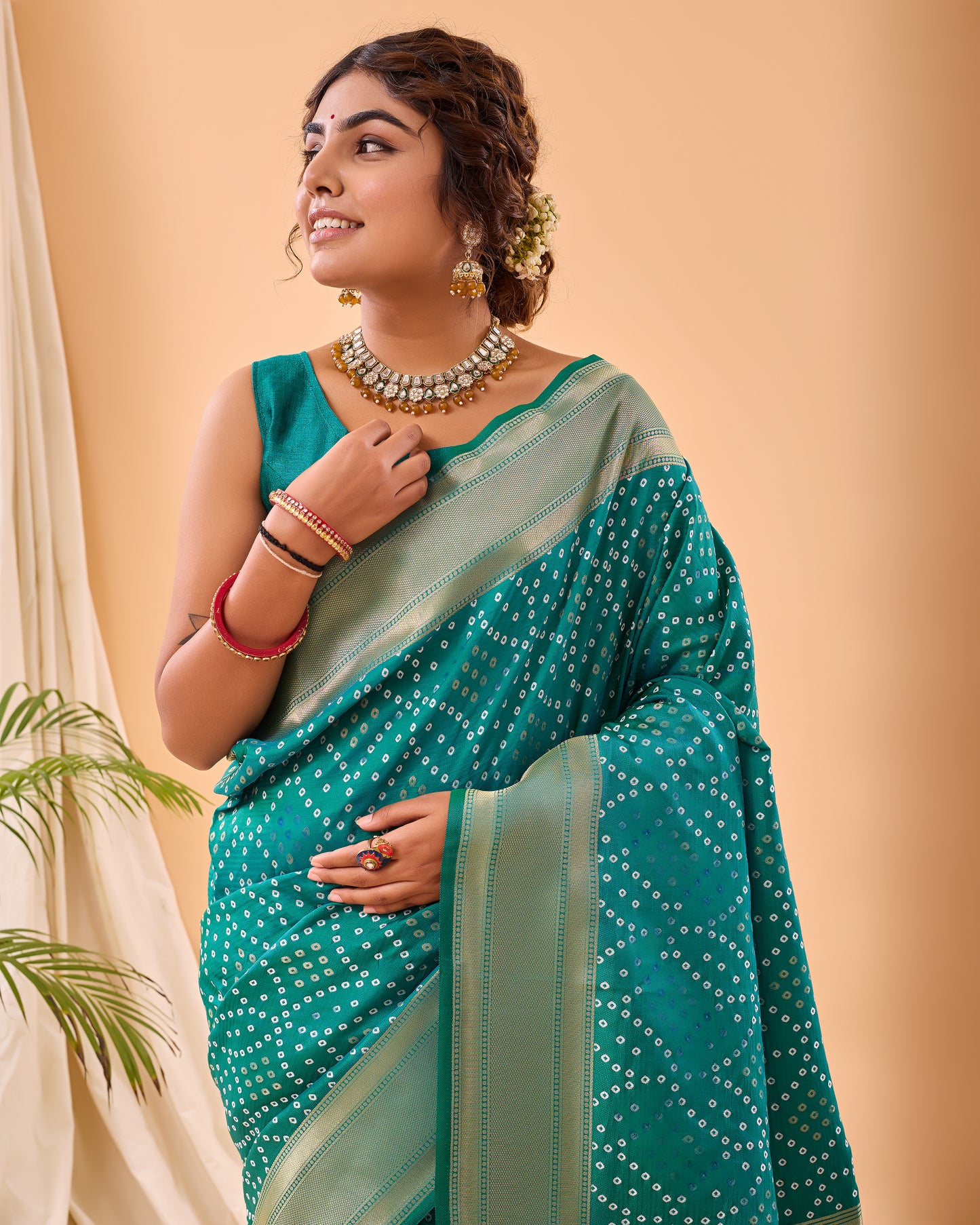 Rama Green Soft Silk Bandhej Weaving Saree