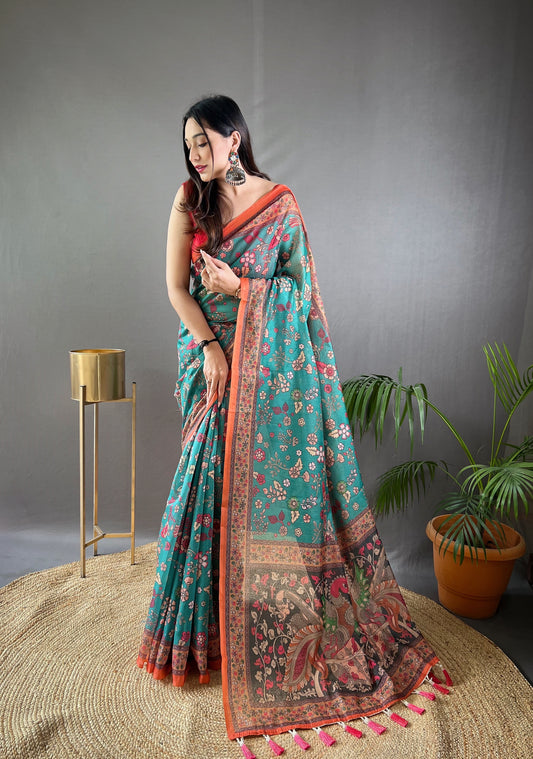 Rama Green Floral Print Saree with Contrast Border