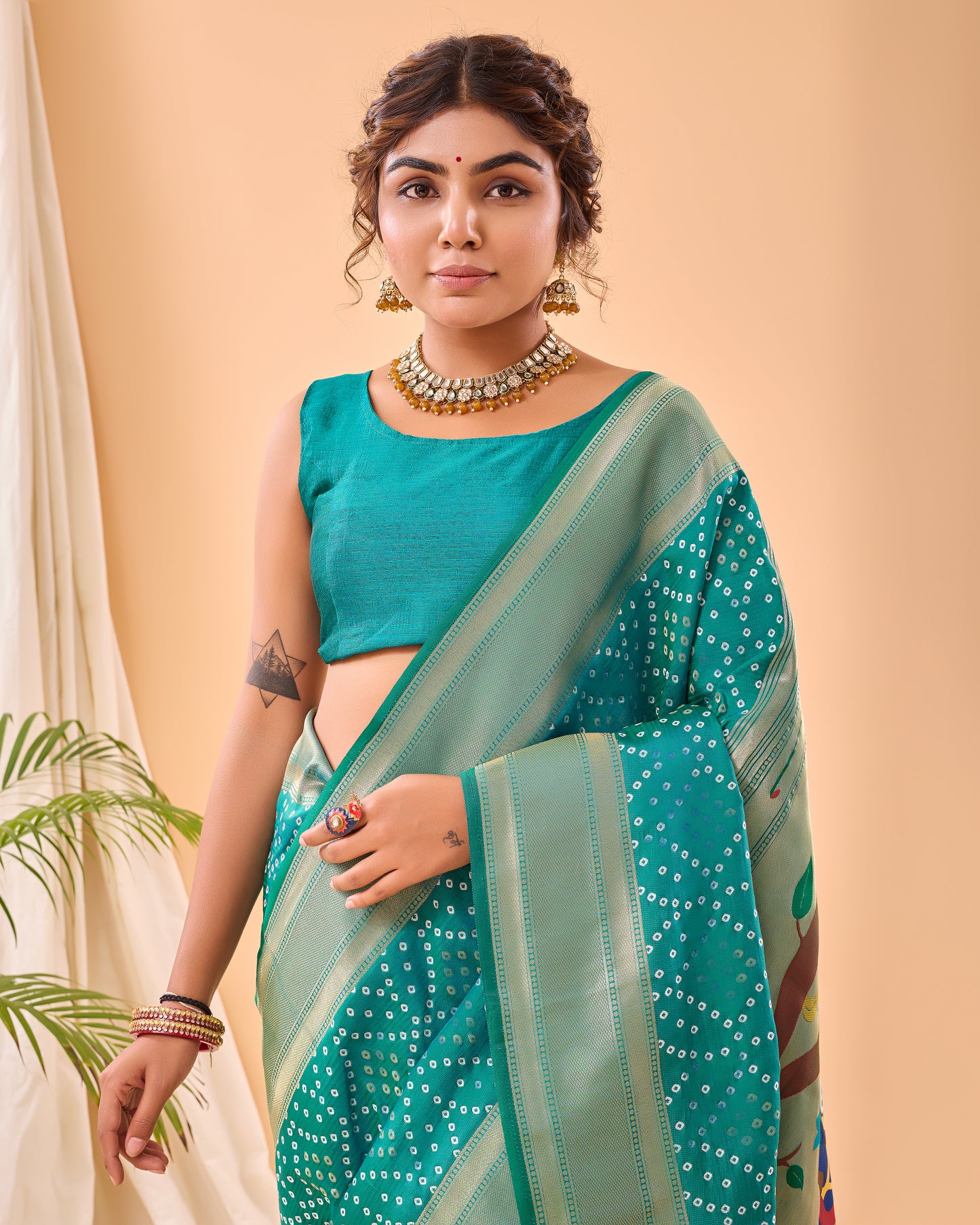 Rama Green Soft Silk Bandhej Weaving Saree