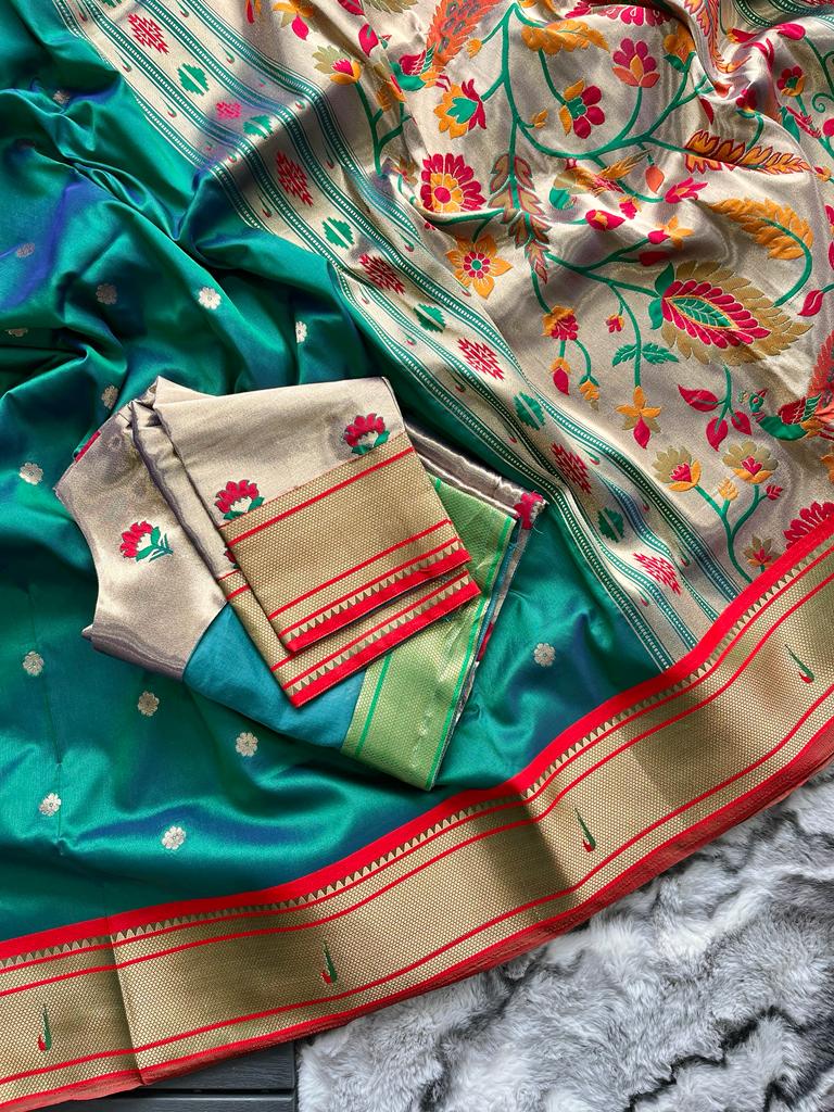 Women Woven Rama Green Saree with Contrast Border