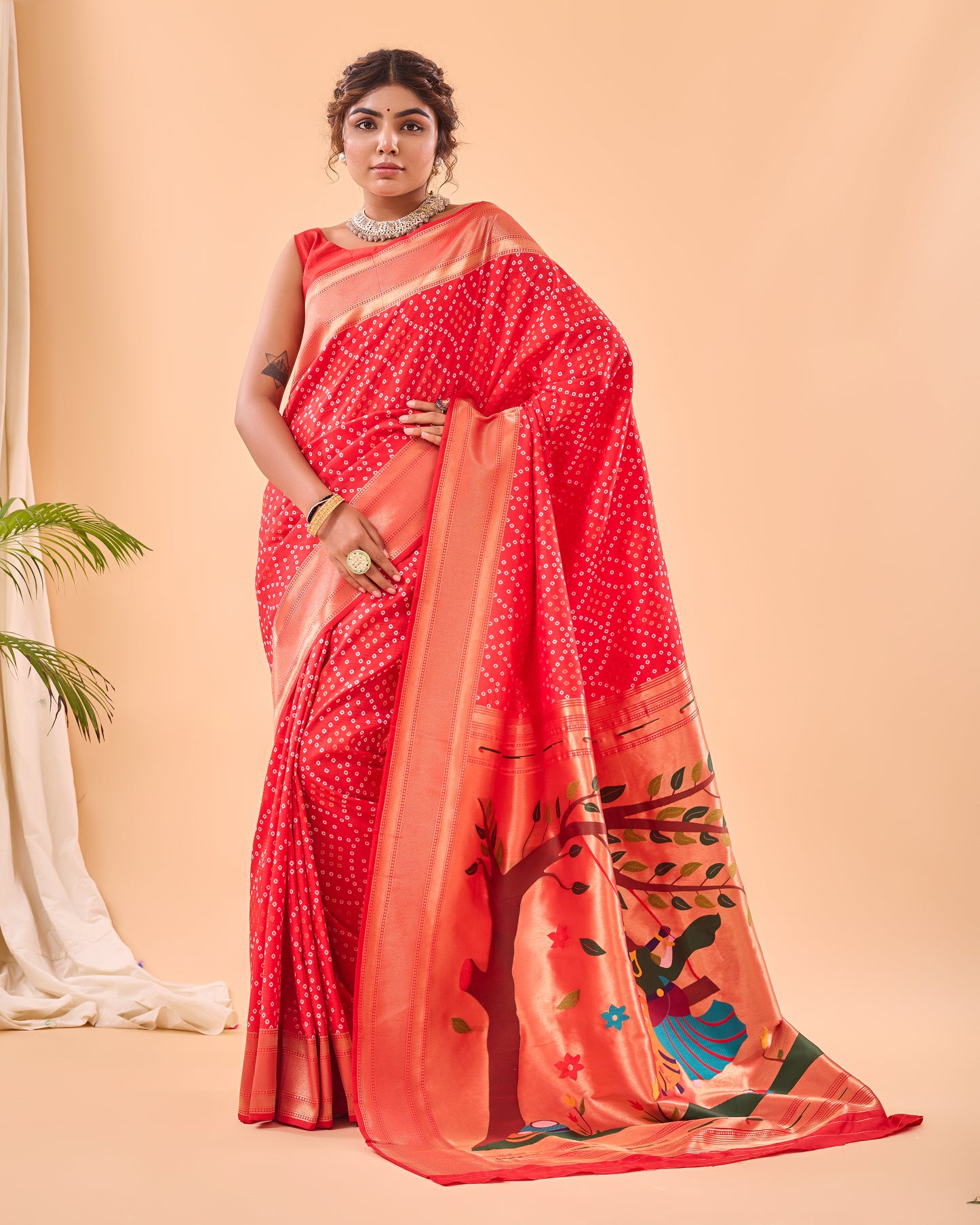 Red Soft Silk Bandhej Weaving Saree