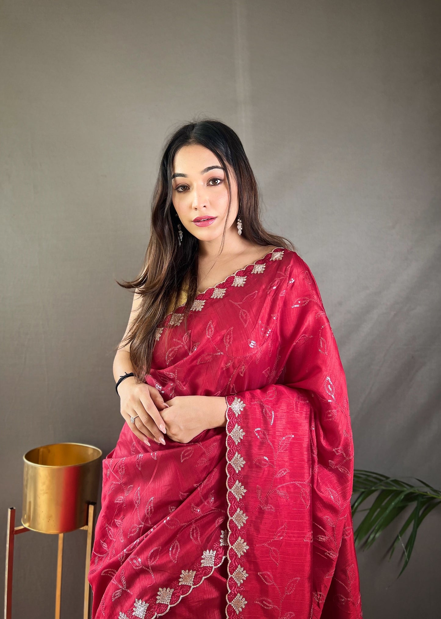 Presenting Ready To Wear Red Color Silk Saree