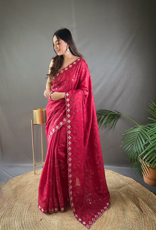 Presenting Ready To Wear Red Color Silk Saree