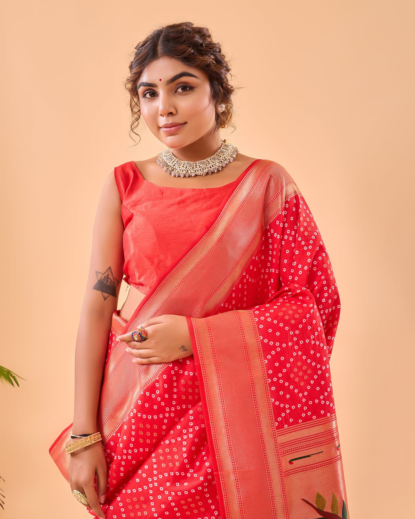 Red Soft Silk Bandhej Weaving Saree