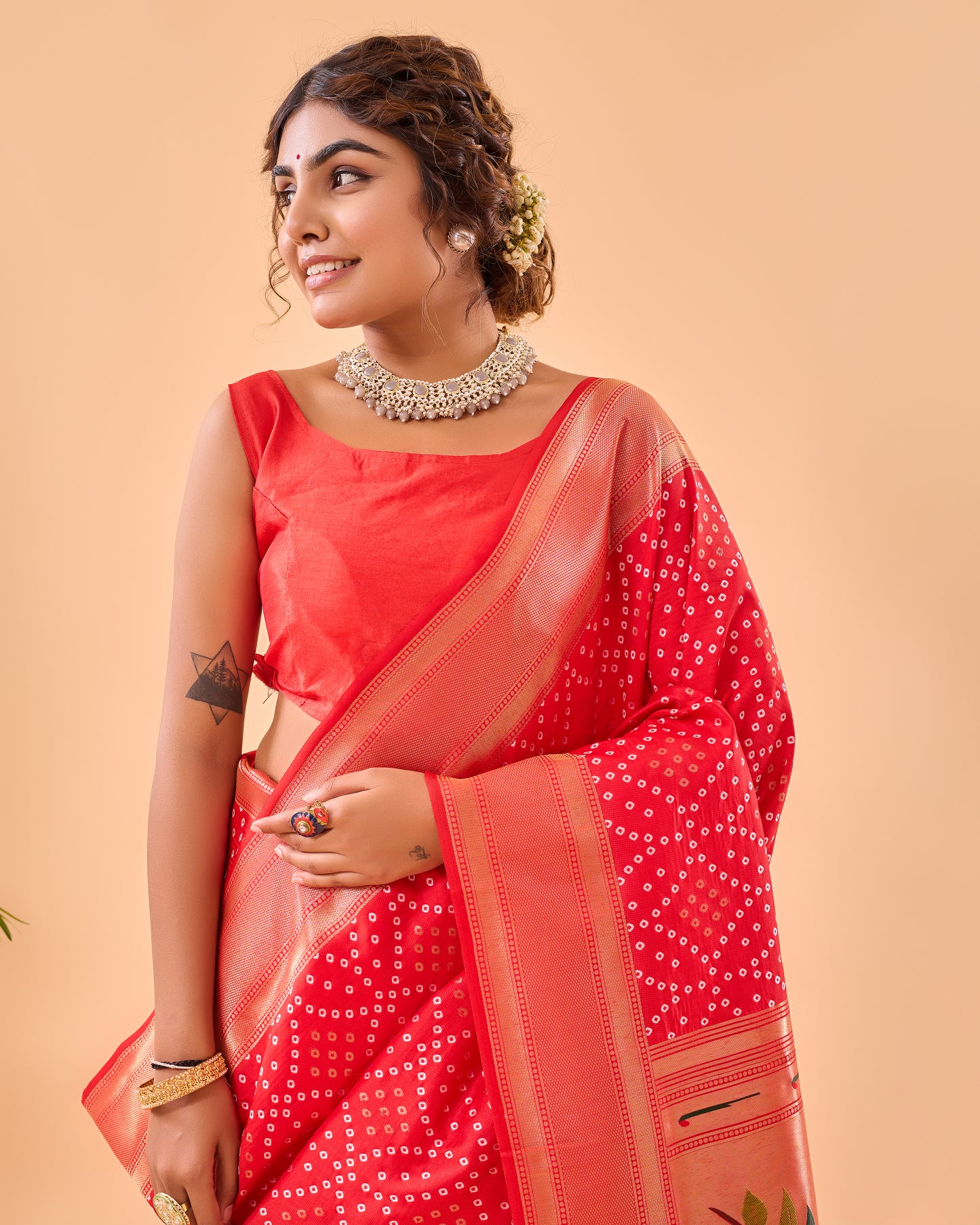 Red Soft Silk Bandhej Weaving Saree