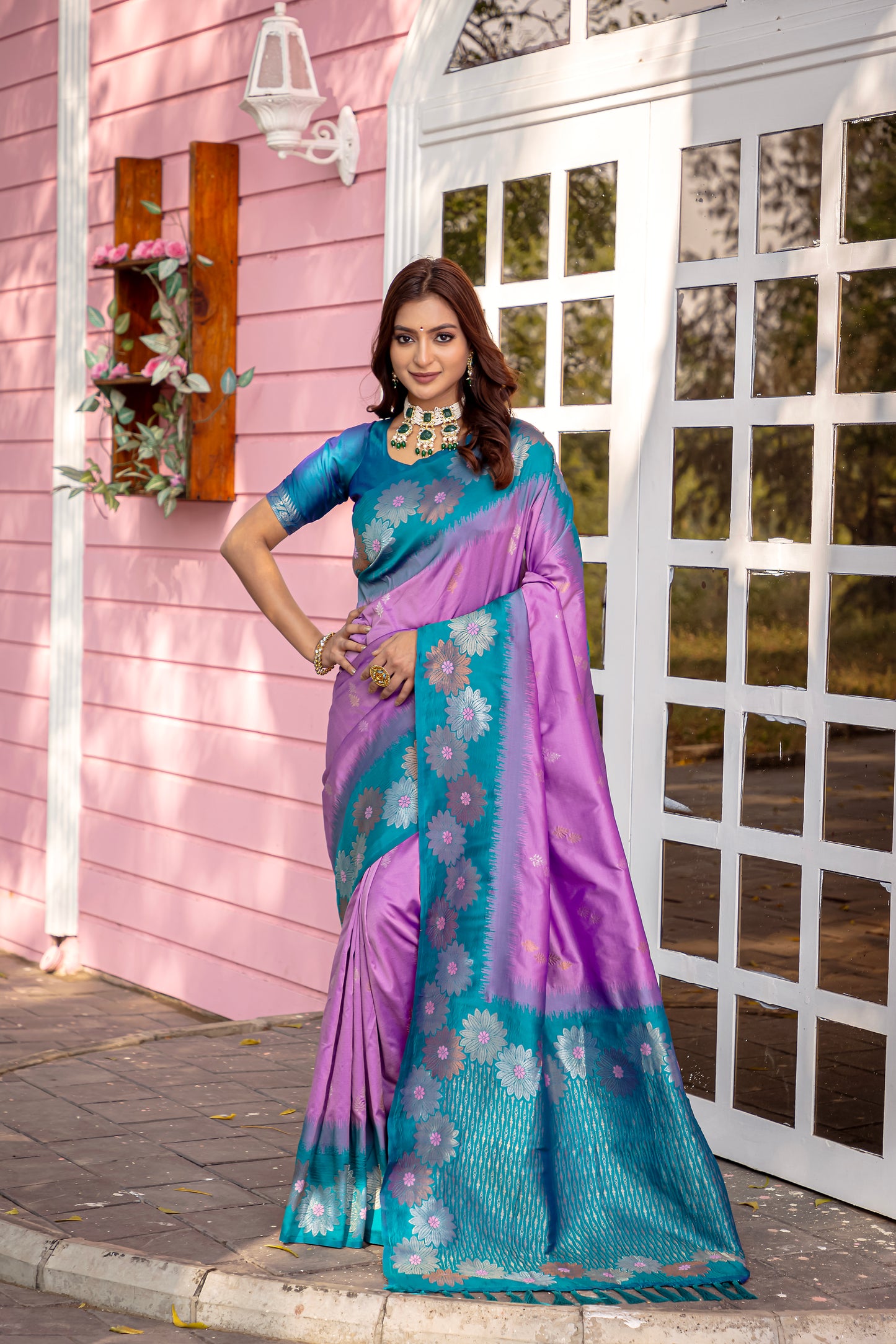 Printed Lavender Silk Green Festival Classic Saree