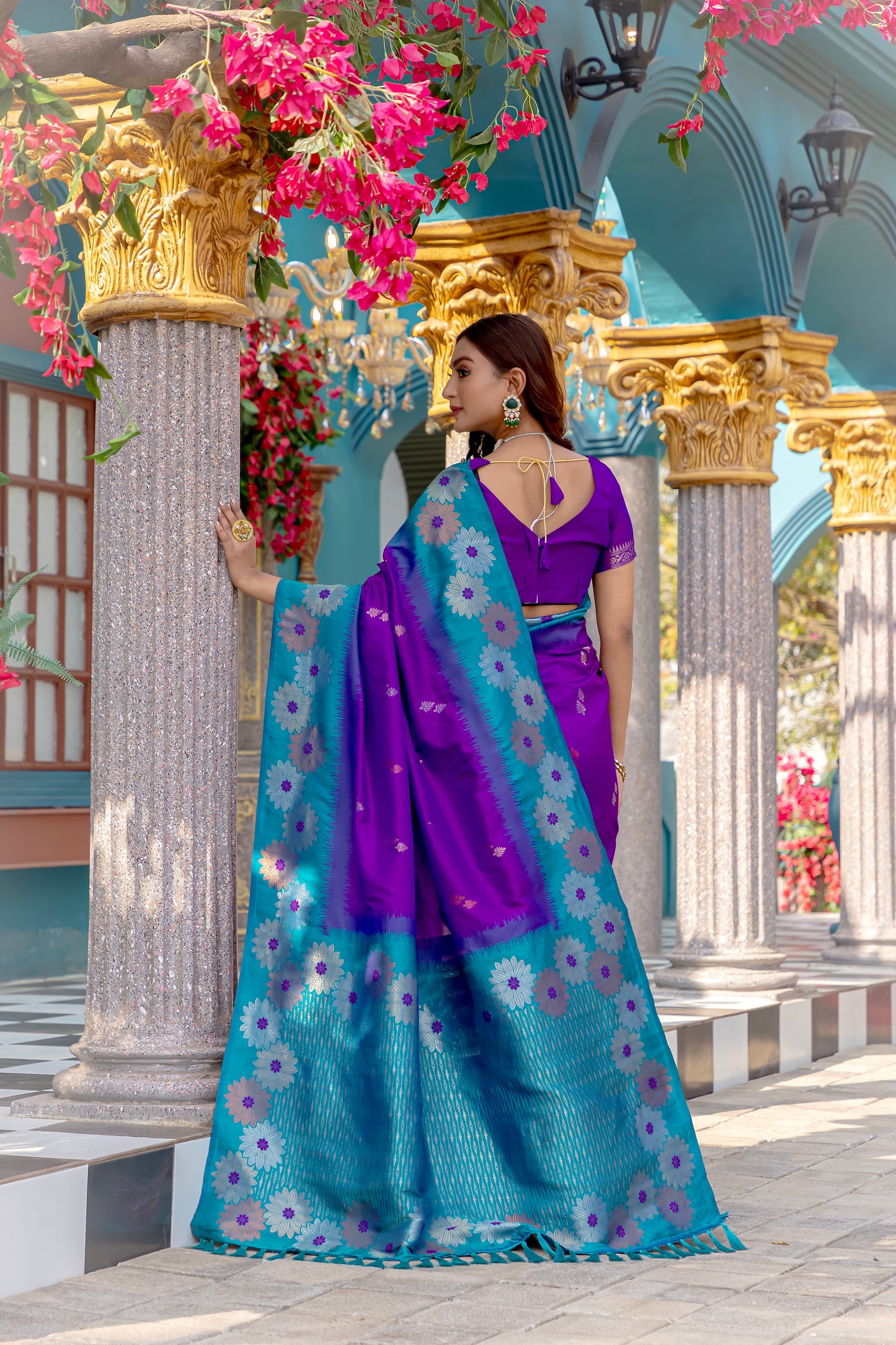 Printed Purple Silk Green Festival Classic Saree