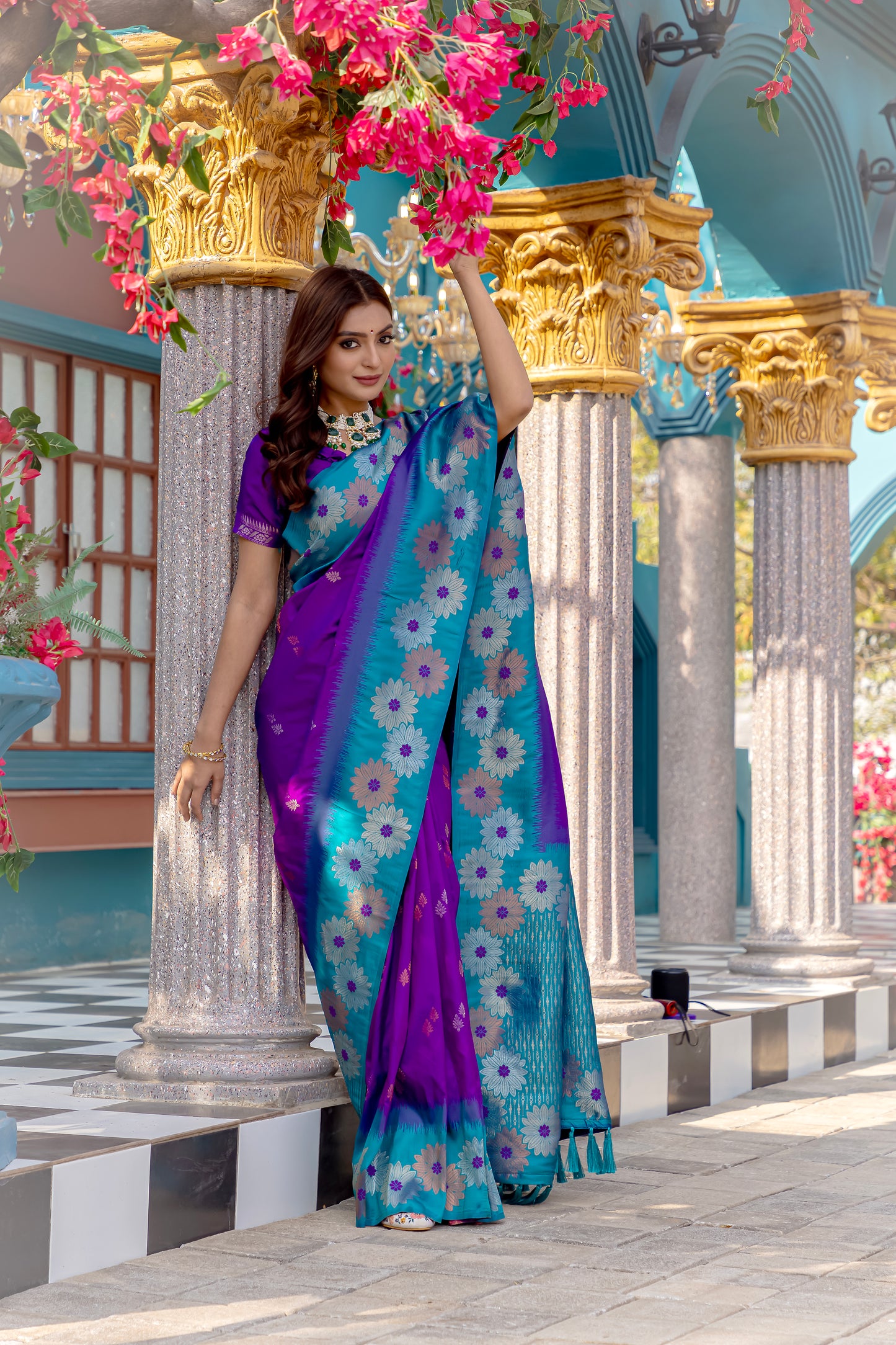 Printed Purple Silk Green Festival Classic Saree