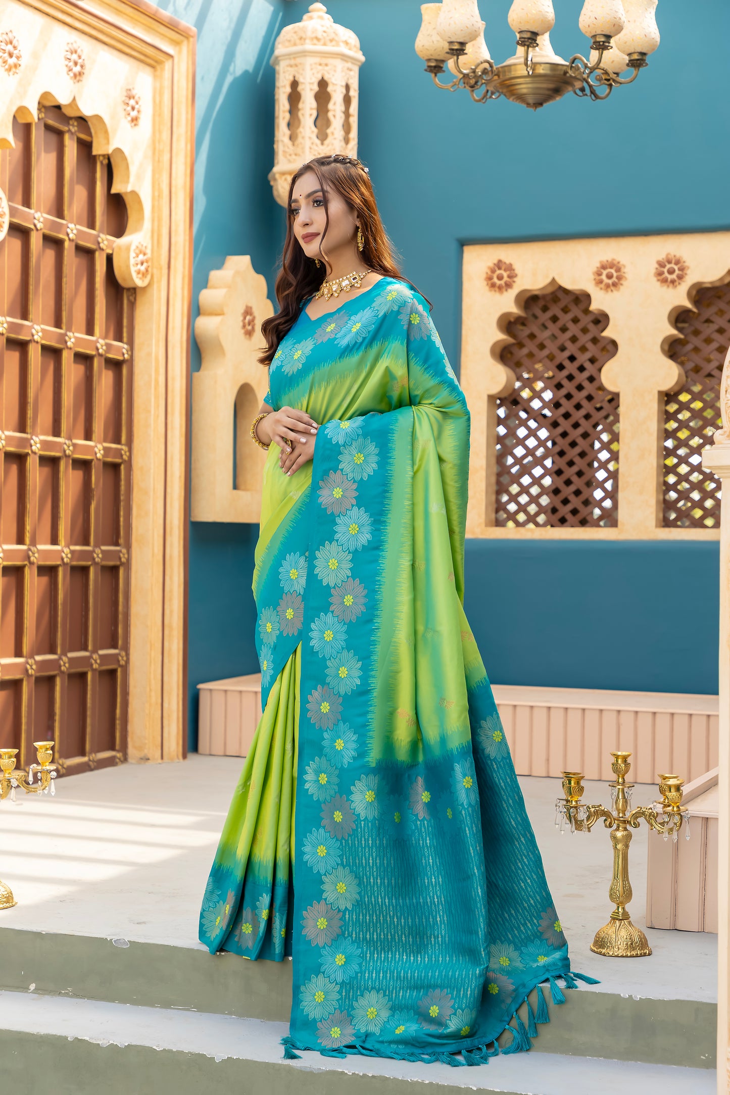 Printed Pista Silk Green Festival Classic Saree