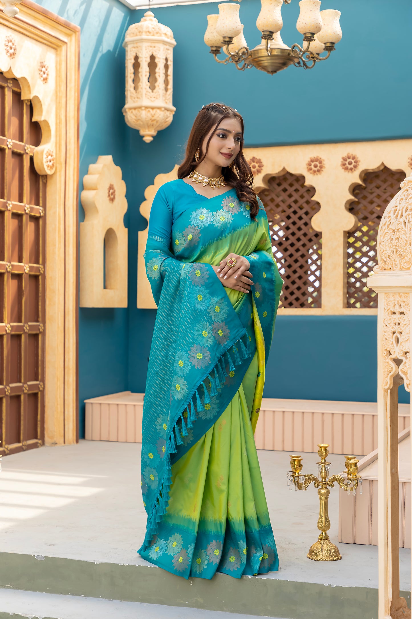 Printed Pista Silk Green Festival Classic Saree