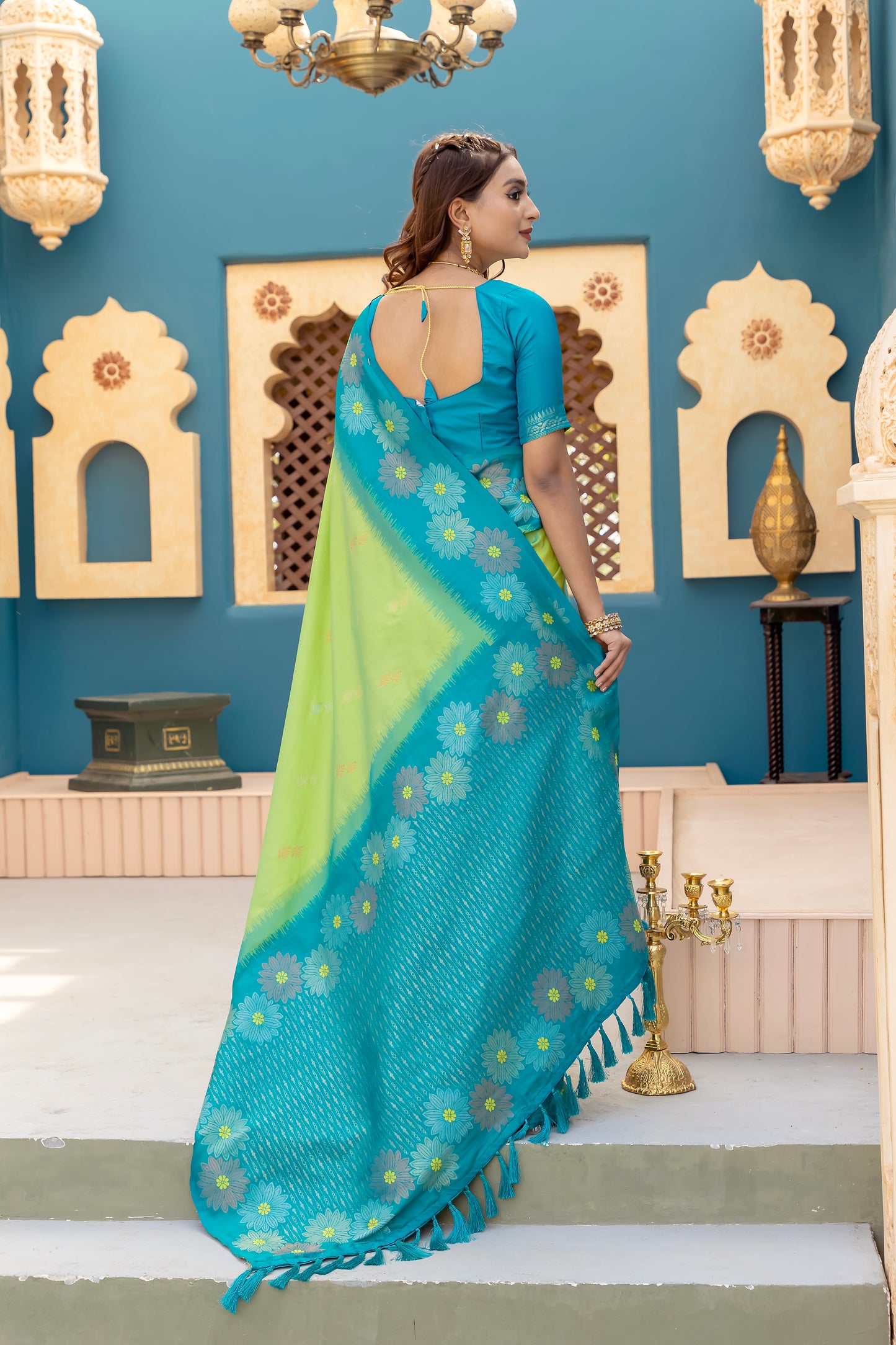 Printed Pista Silk Green Festival Classic Saree