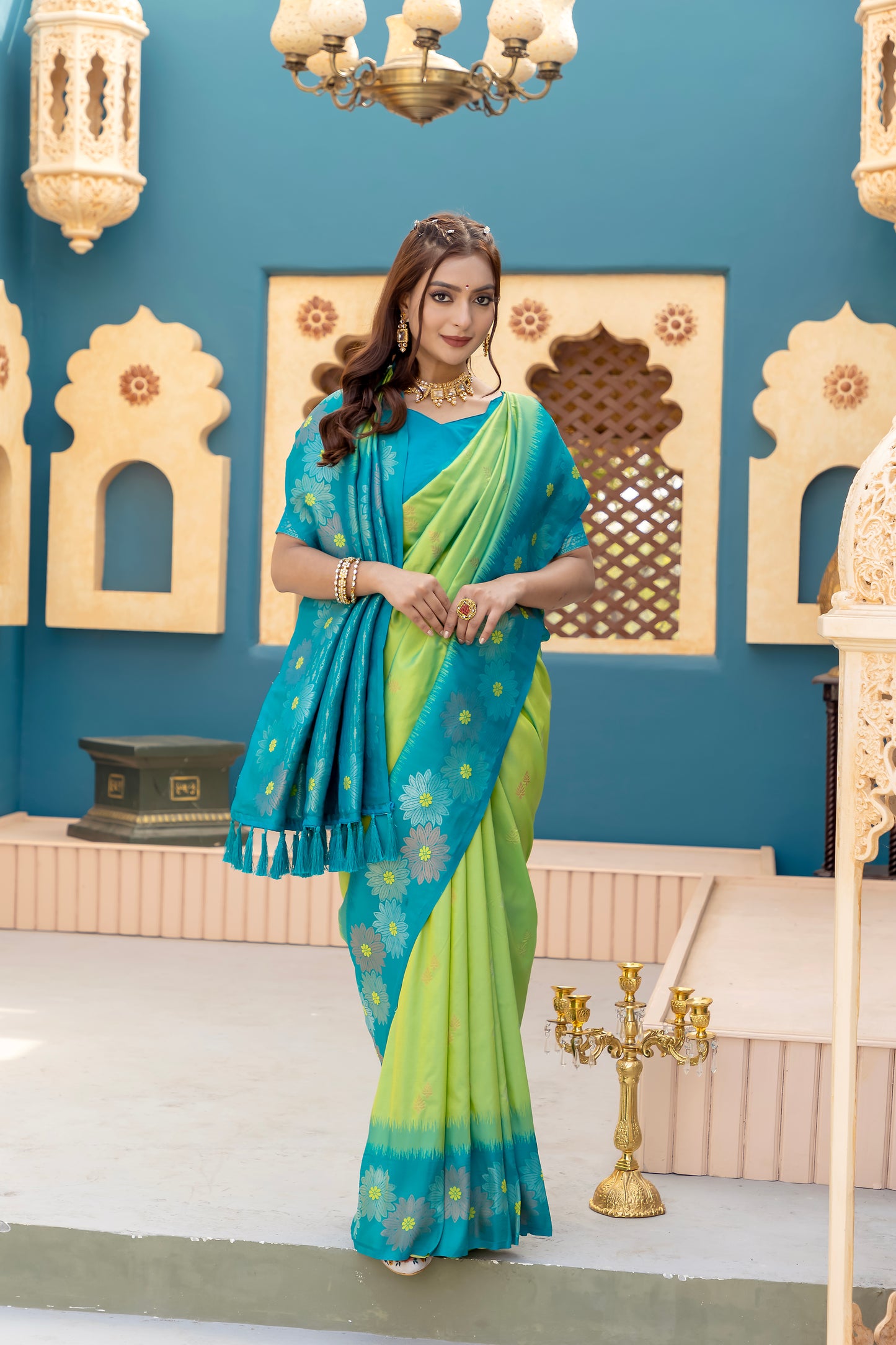 Printed Pista Silk Green Festival Classic Saree