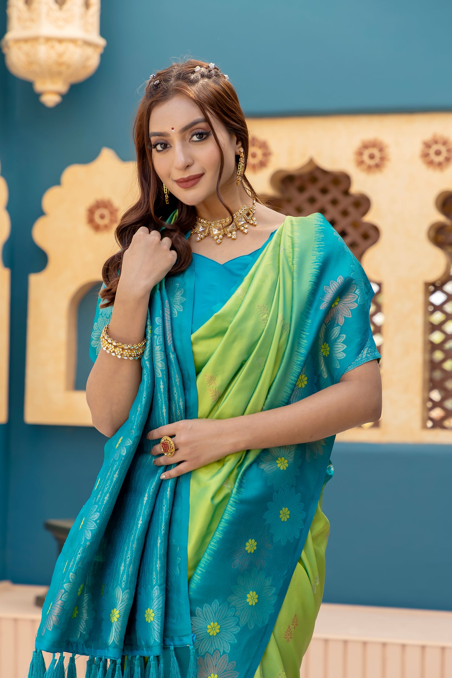 Printed Pista Silk Green Festival Classic Saree