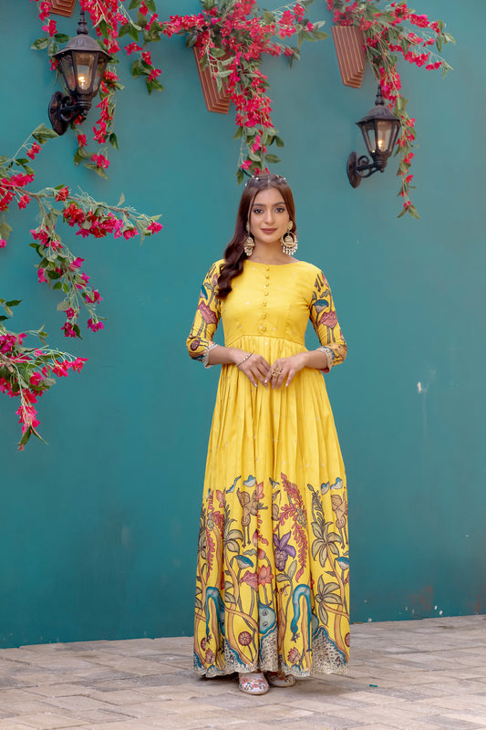 Elegant Yellow Silk Blend Gown with Crepe Linin