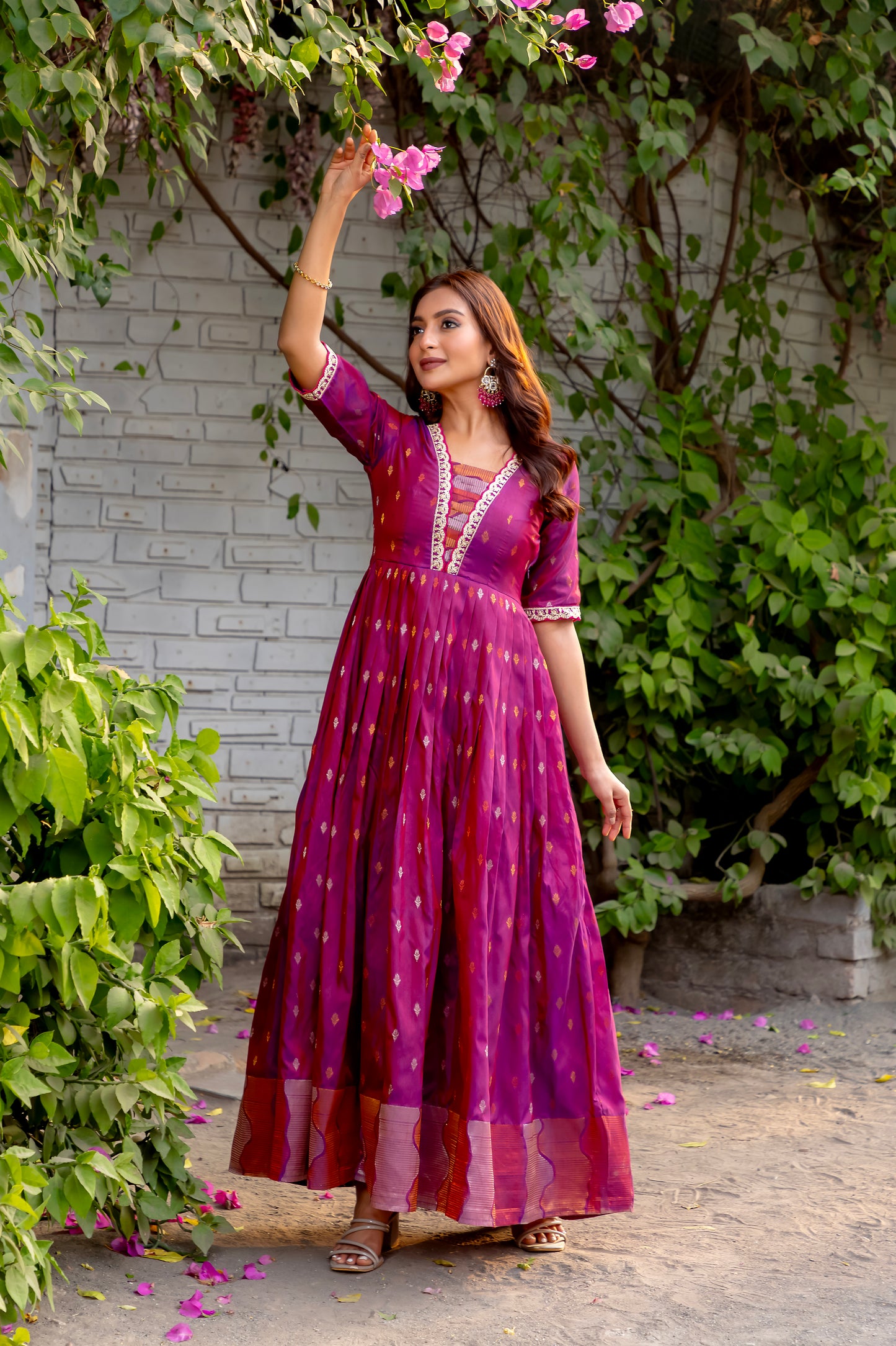 Purple Printed V-Neck Short Sleeves Maxi Ethnic Dress