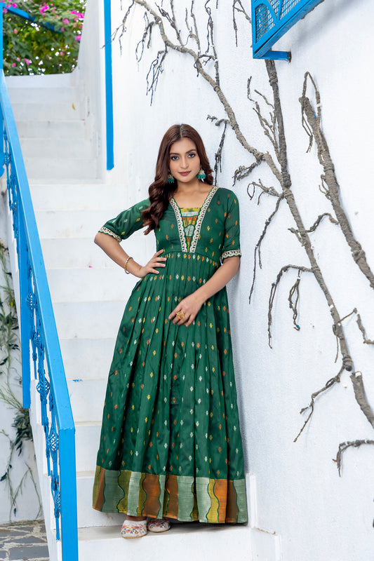 Green Printed V-Neck Short Sleeves Maxi Ethnic Dress