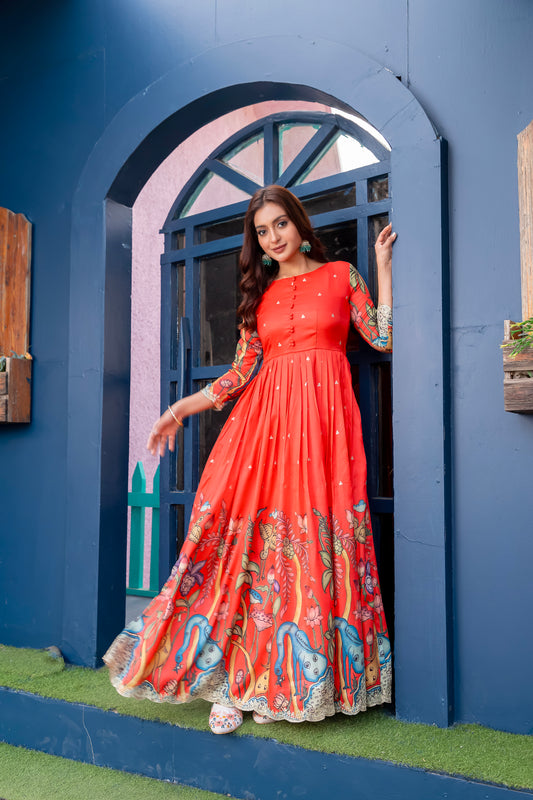 Elegant Red Silk Blend Gown with Crepe Lining