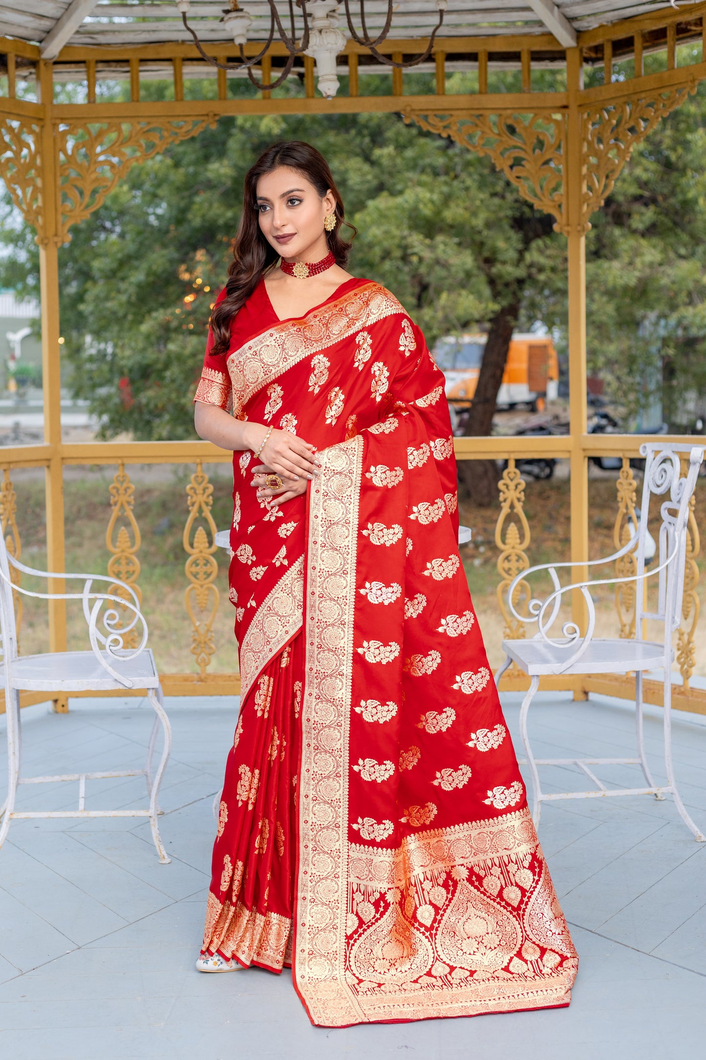 Banaras Mushro Red satin silk sarees