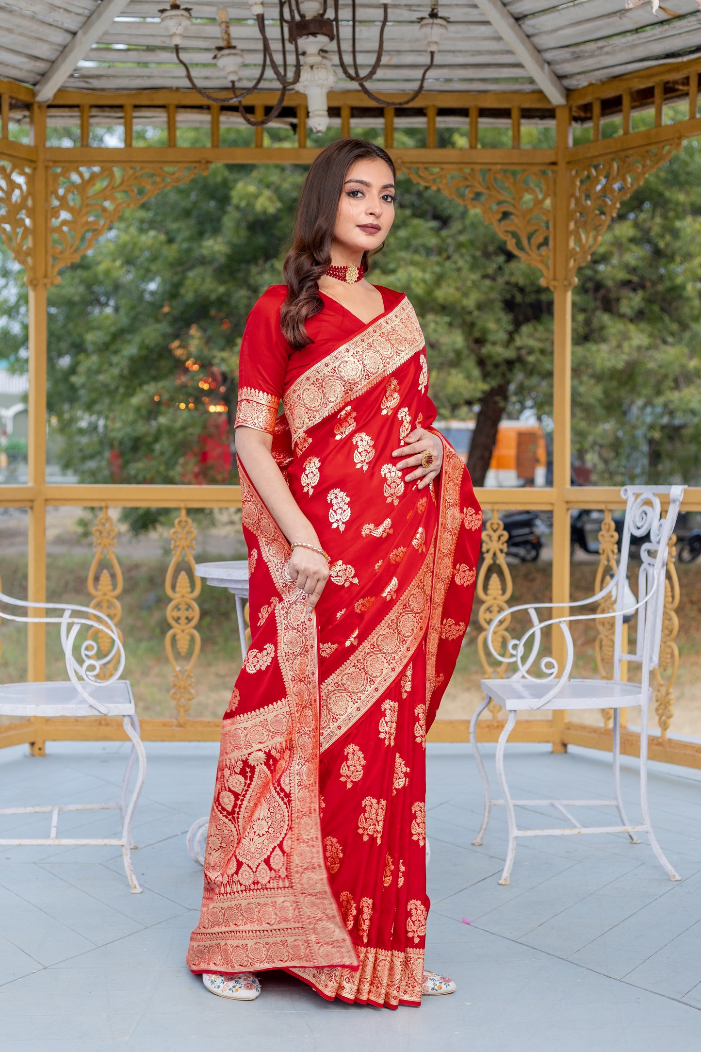 Banaras Mushro Red satin silk sarees