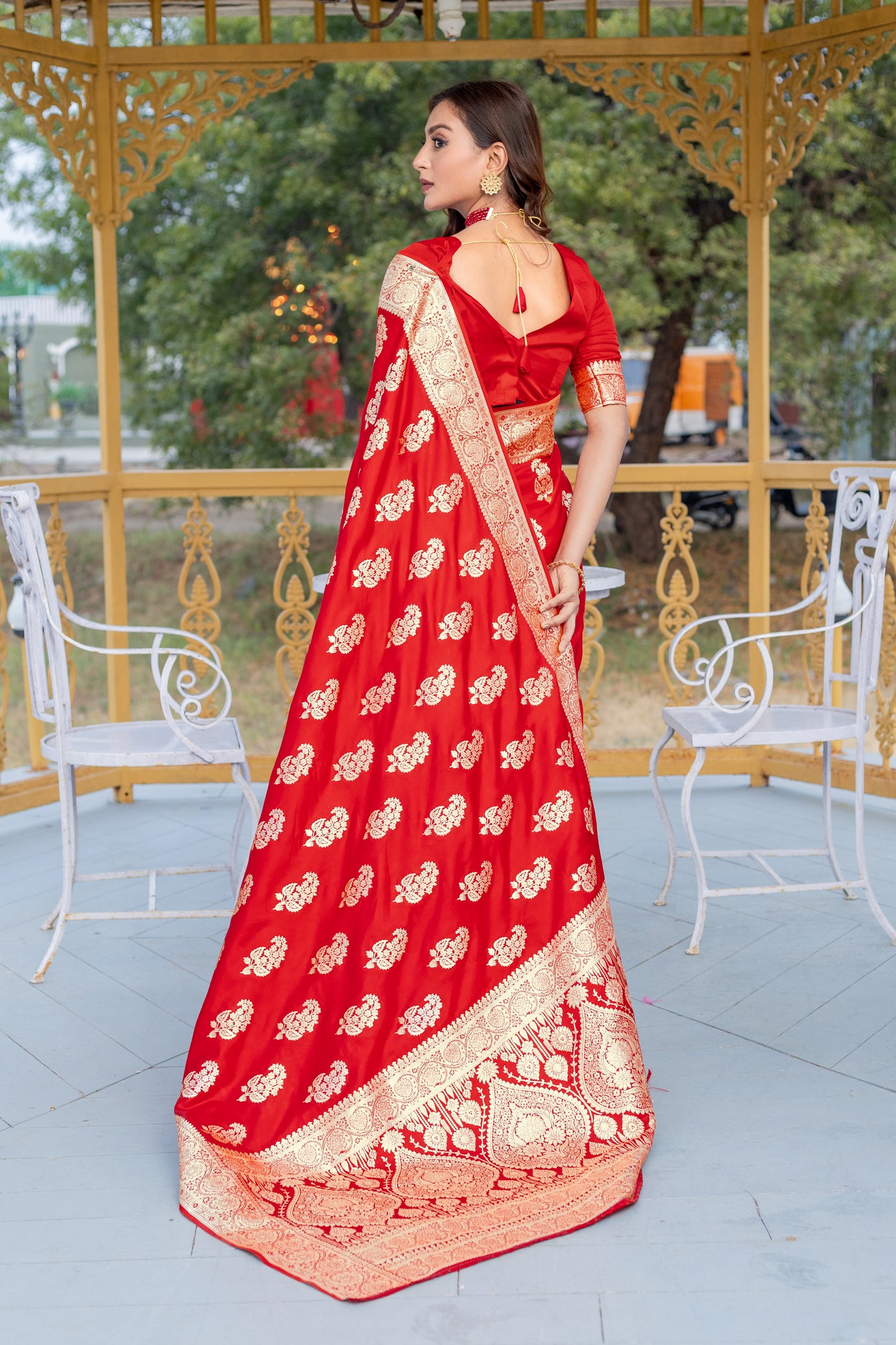 Banaras Mushro Red satin silk sarees