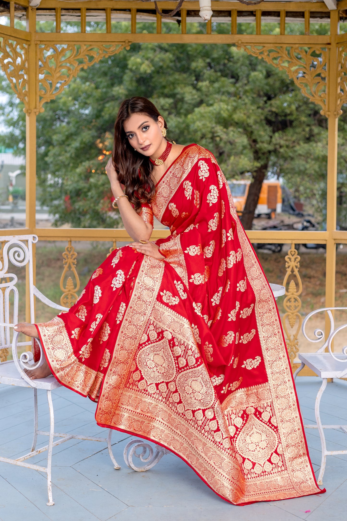 Banaras Mushro Red satin silk sarees