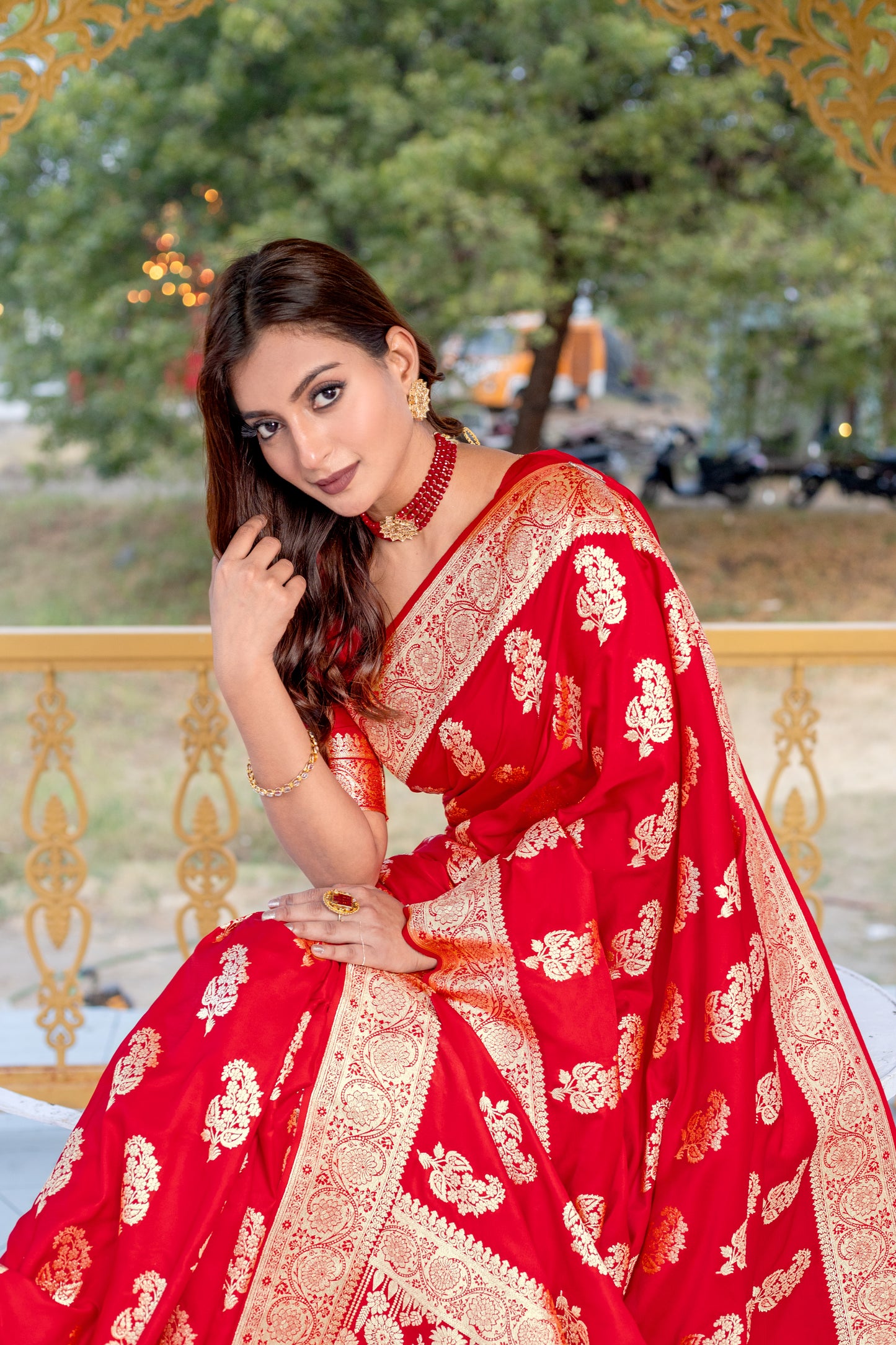 Banaras Mushro Red satin silk sarees