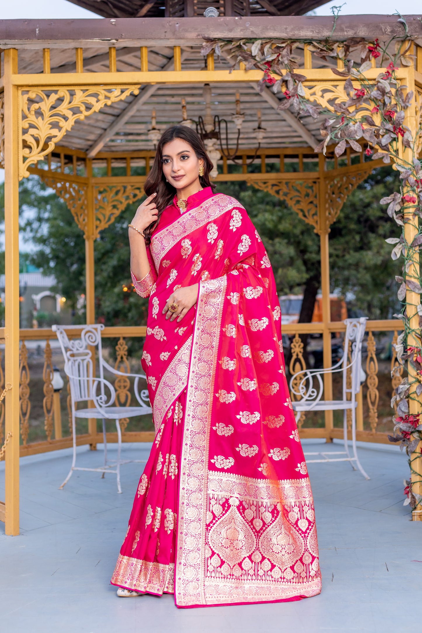 Banaras Mushro Pink satin silk sarees