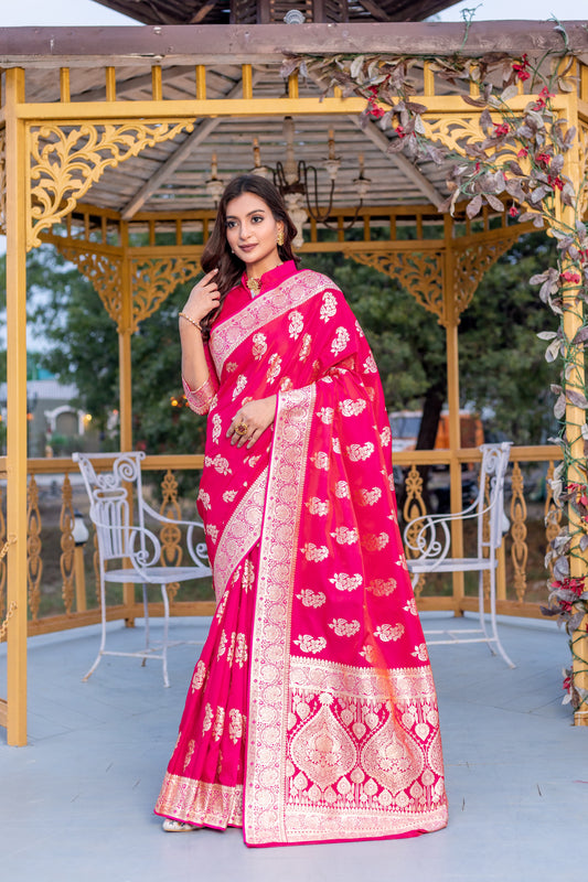 Banaras Mushro Pink satin silk sarees