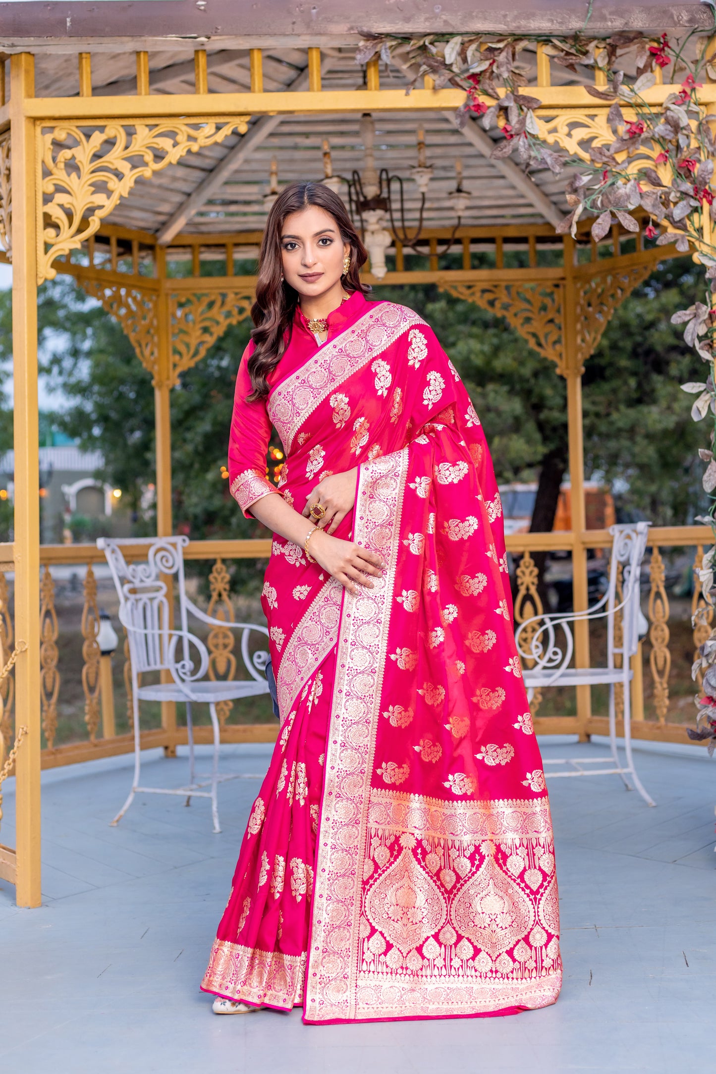 Banaras Mushro Pink satin silk sarees