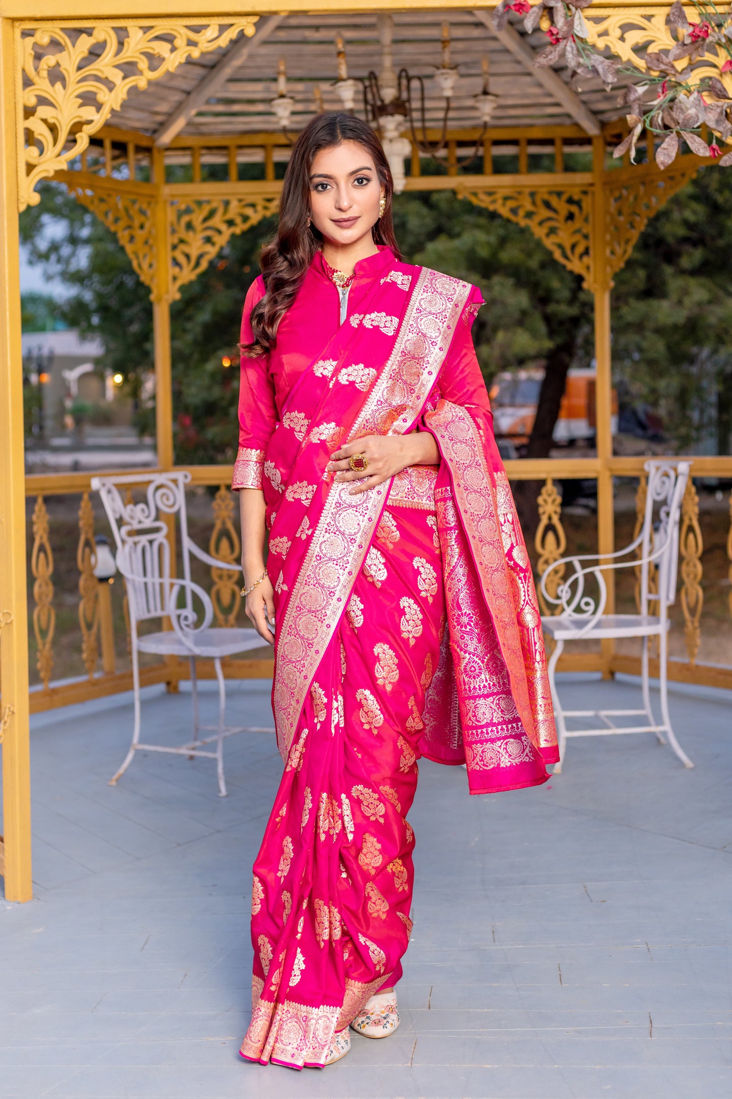 Banaras Mushro Pink satin silk sarees