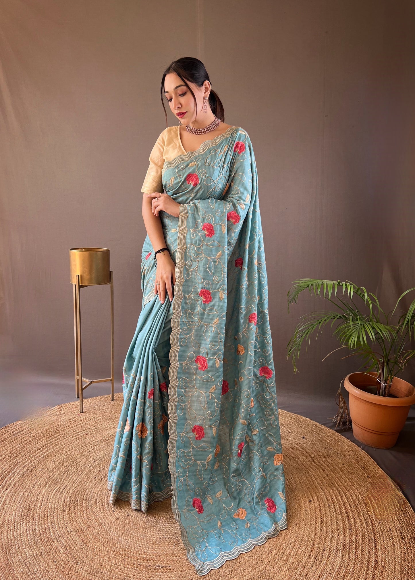 Sky Blue Embroidered Saree with Scalloped Border