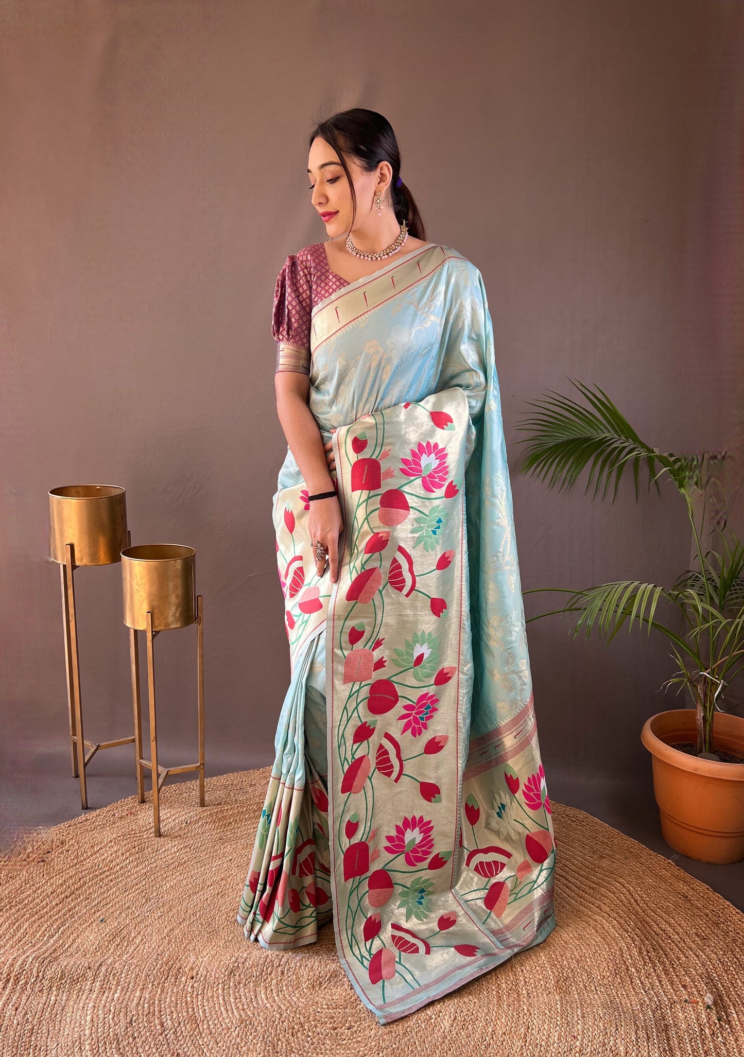 Sky Blue Woven Silk Saree Set