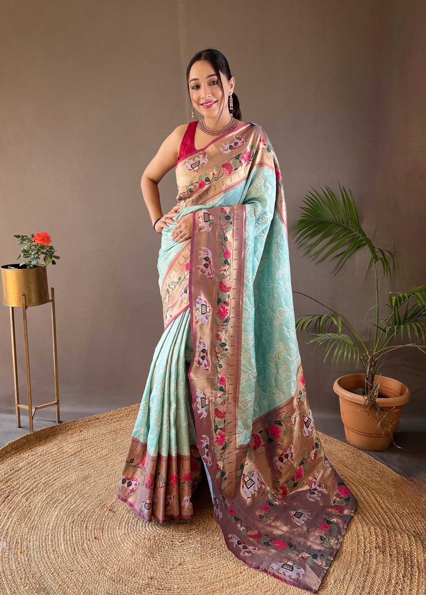 Women Paisley Sky Blue Woven Saree with Contrast Border