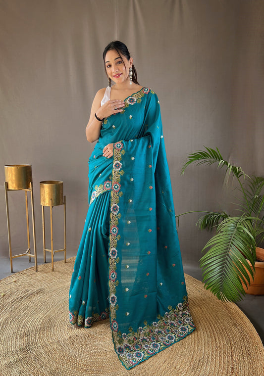 Sky Blue Floral Embroidered Tussar Silk Saree Set