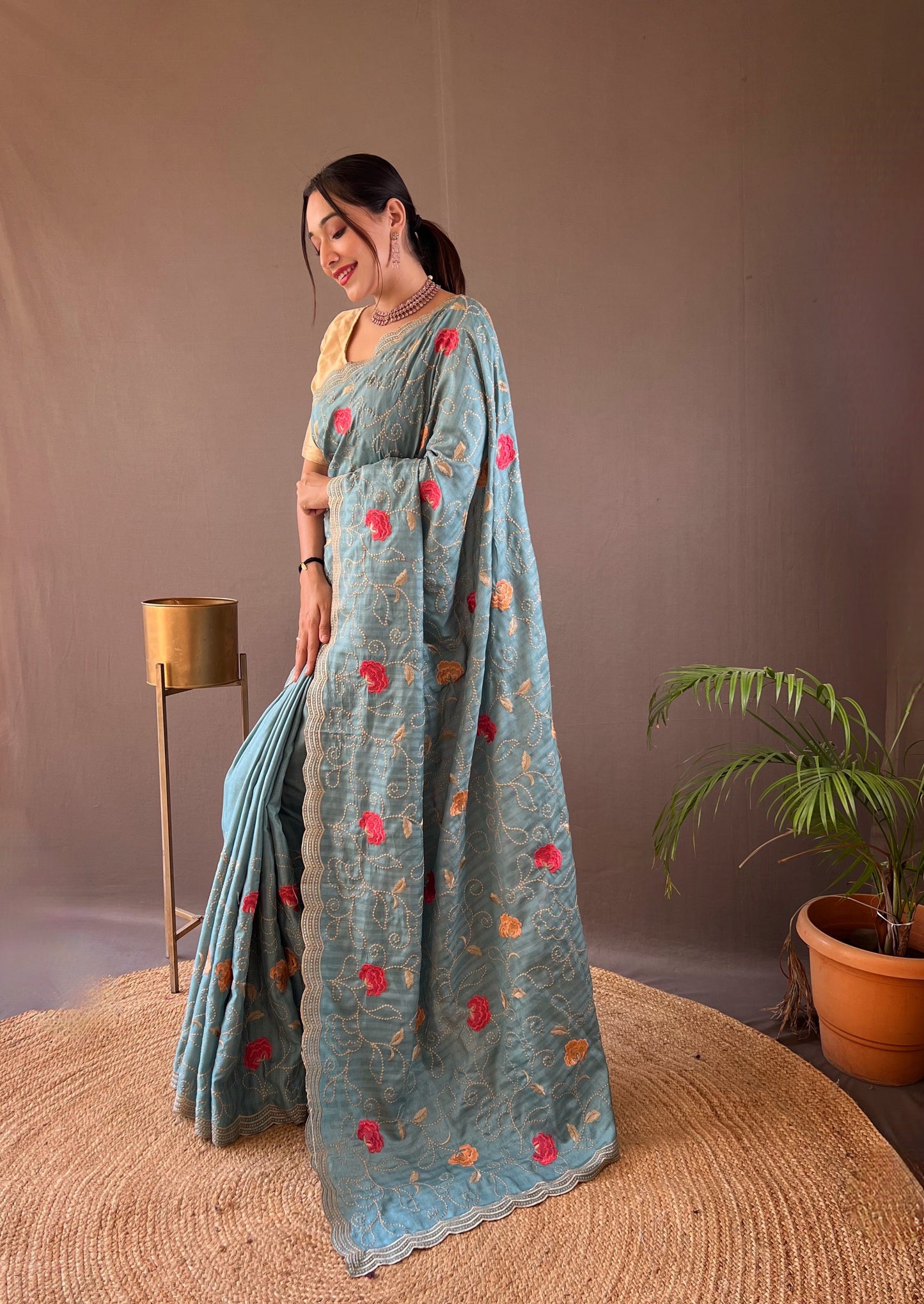 Sky Blue Embroidered Saree with Scalloped Border