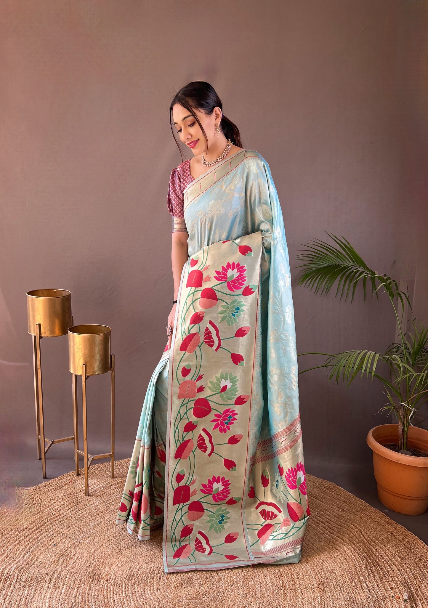 Sky Blue Woven Silk Saree Set