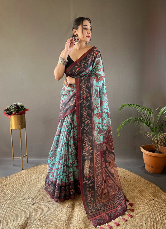 Sky Blue Floral Printed Saree with Blouse Piece