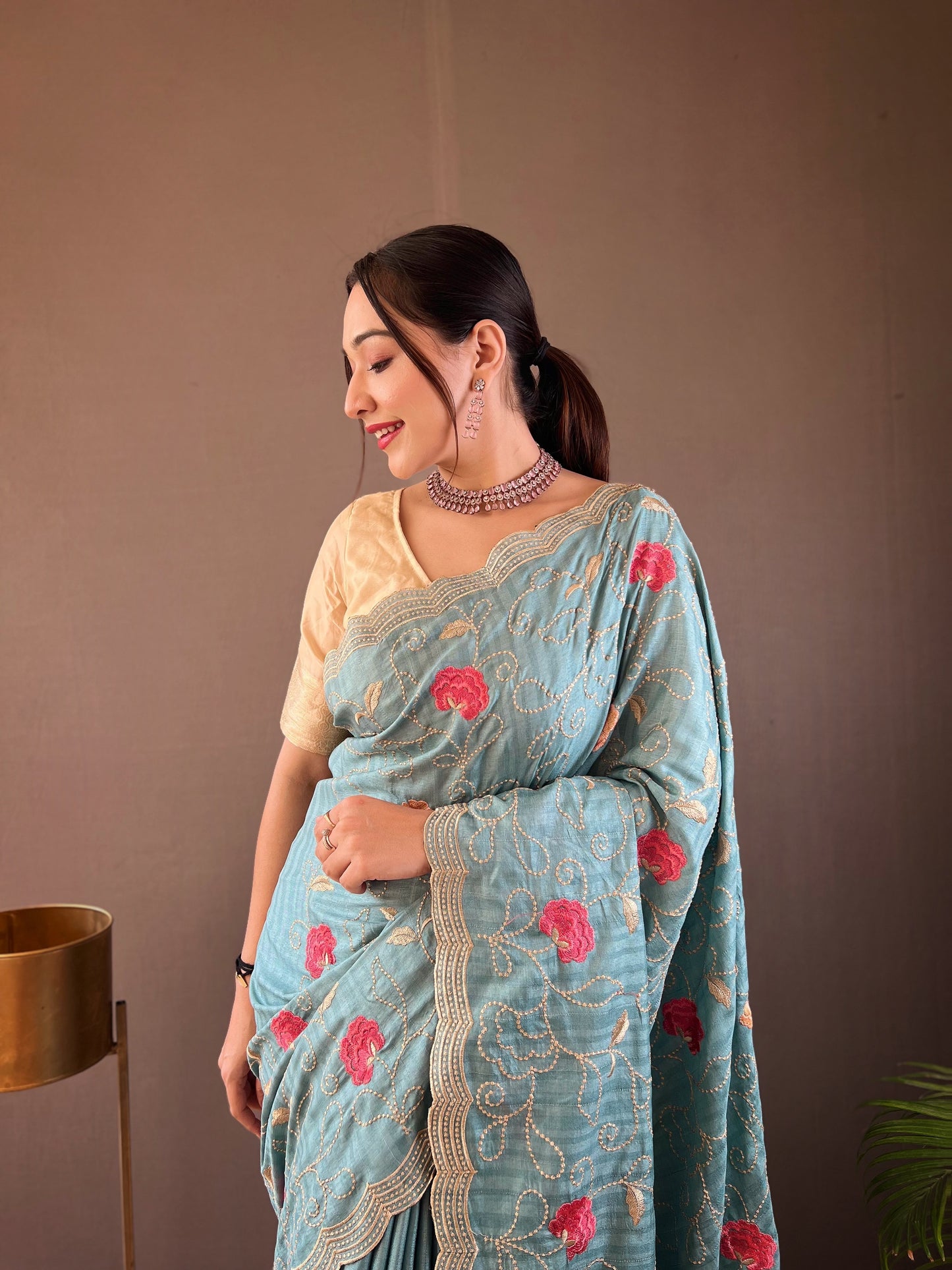 Sky Blue Embroidered Saree with Scalloped Border