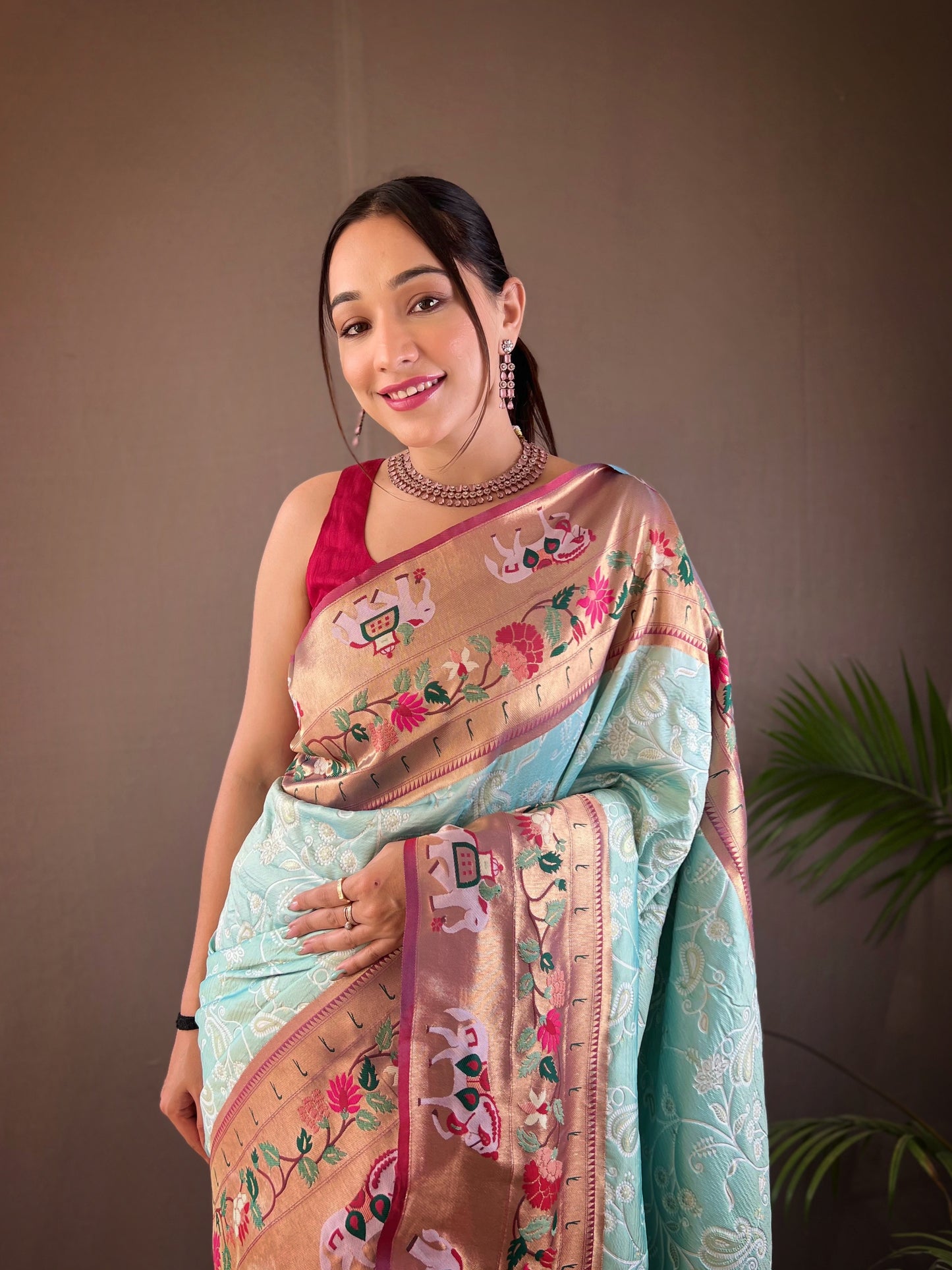 Women Paisley Sky Blue Woven Saree with Contrast Border